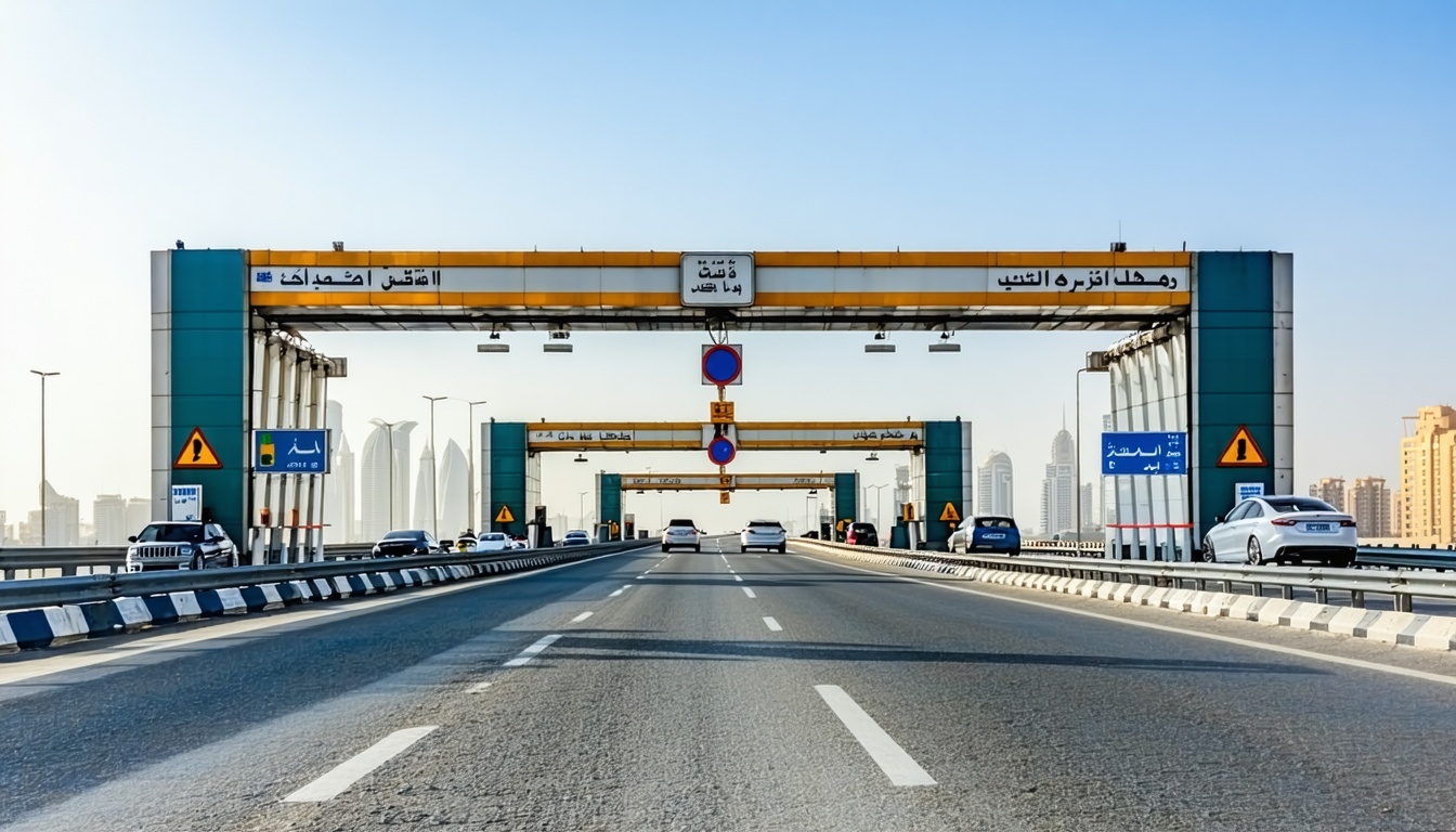 Modern toll gate on Dubai highway with cars passing through
