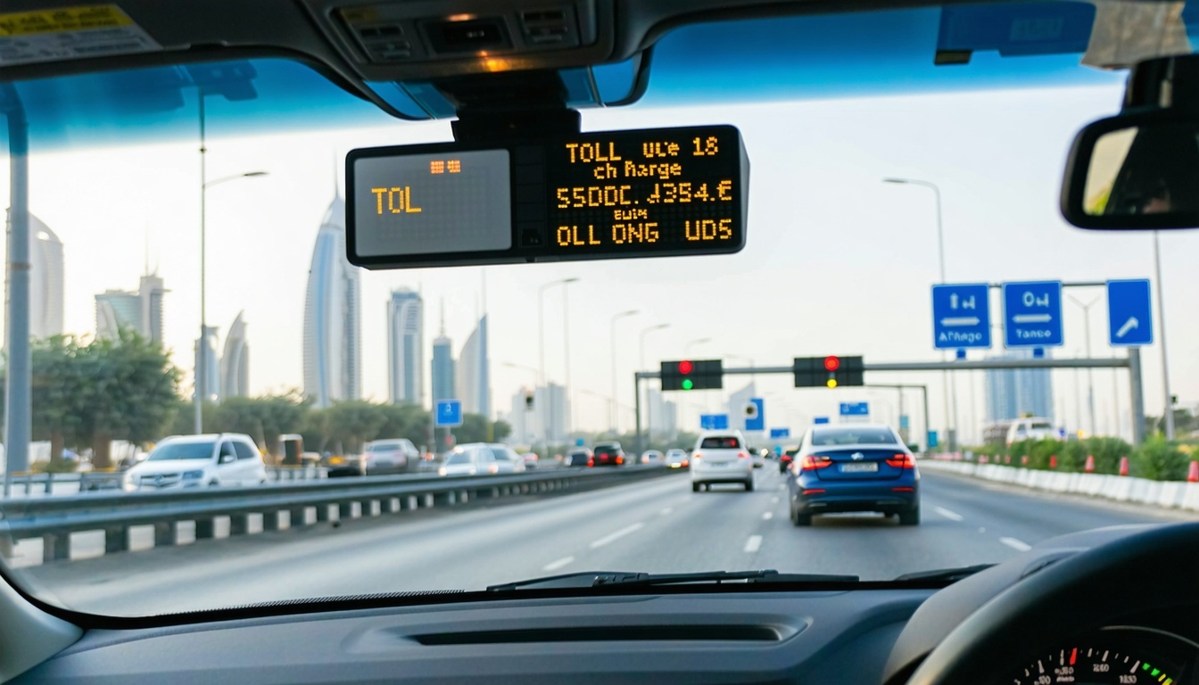 Digital dashboard displaying toll charges and balance in Dubai