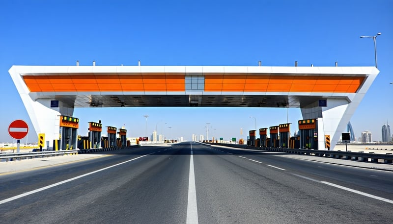 Modern road toll gate in Dubai with clear blue skies Modern road toll gate in Dubai with clear blue skies